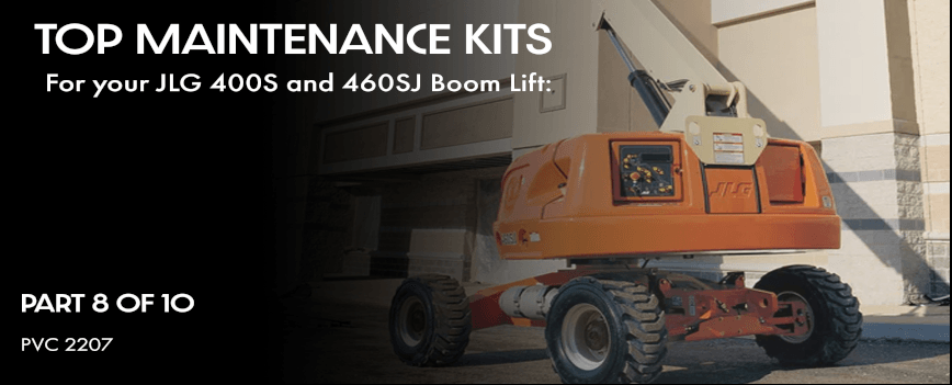 A JLG 400SC with the boom extended to work on the roof of a business.
