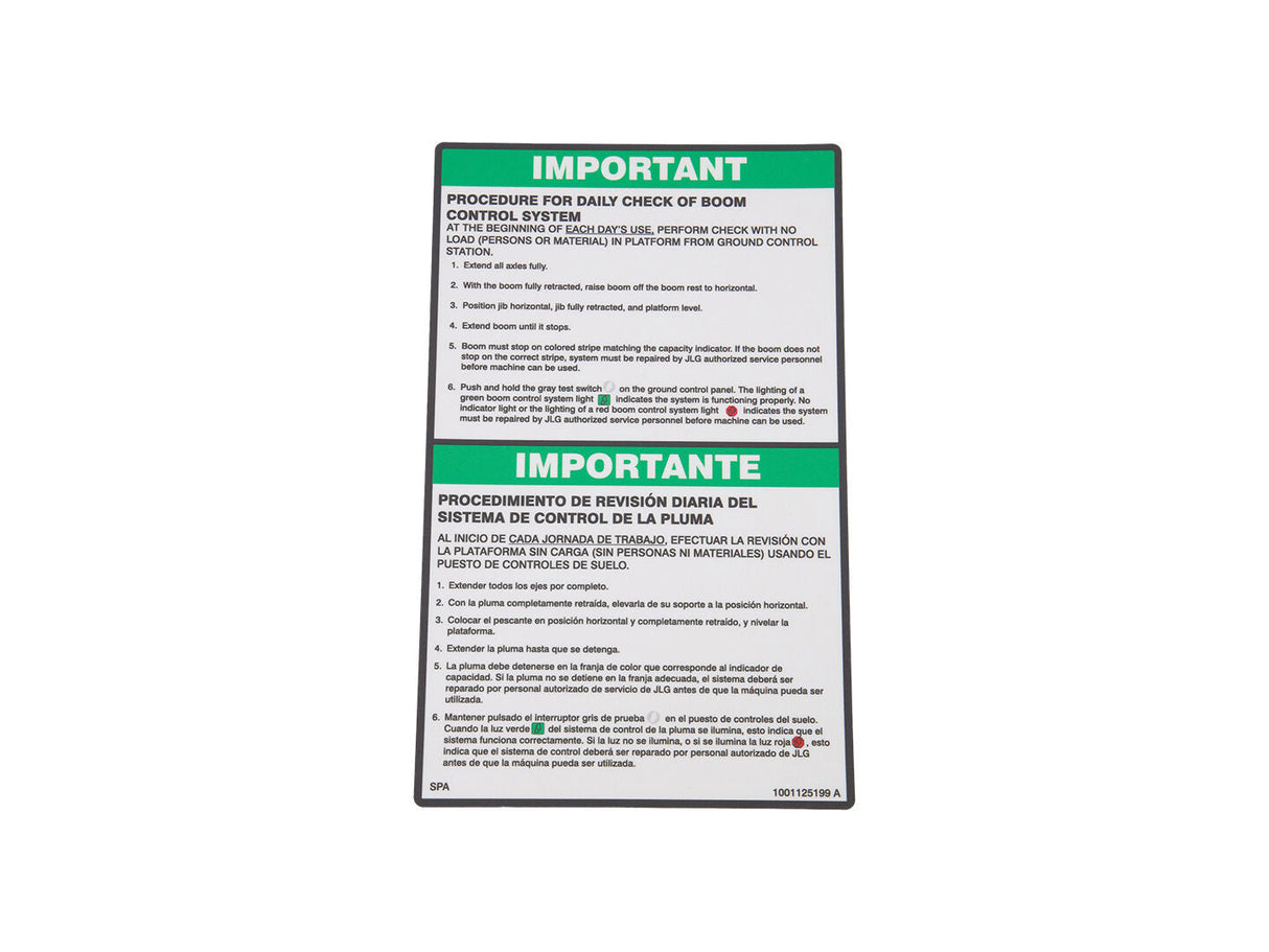 1001125199 Decal, Bcs Daily Chk (Eng, Spa) | JLG