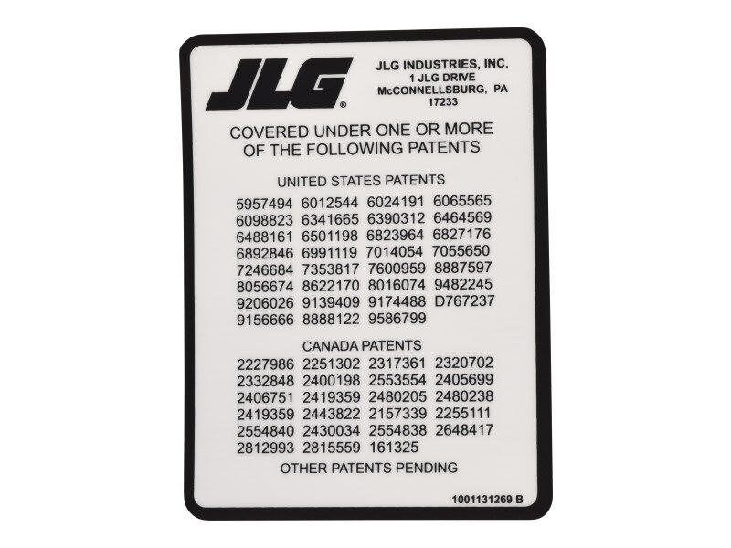 1001131269 Decal, Patent, Booms | JLG