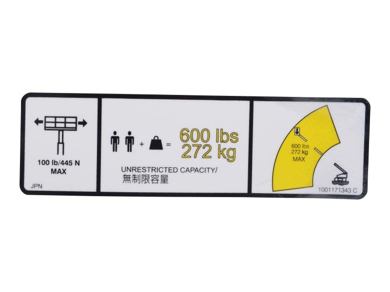 1001171343 Decal, Warning Max Cap. (Jpn) | JLG