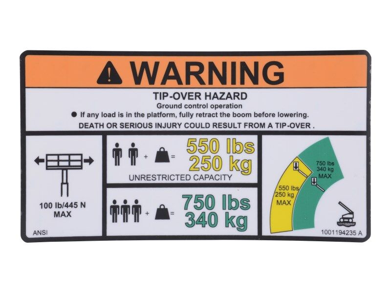 1001194235 Decal, Warning Max Cap. (Ansi) | JLG