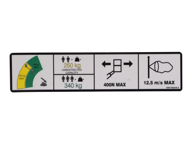 1001194236 Decal, Warning Max Cap. (Ce) | JLG