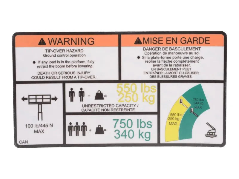 1001216750 Decal, Warning Dual Cap. (Fre) | JLG