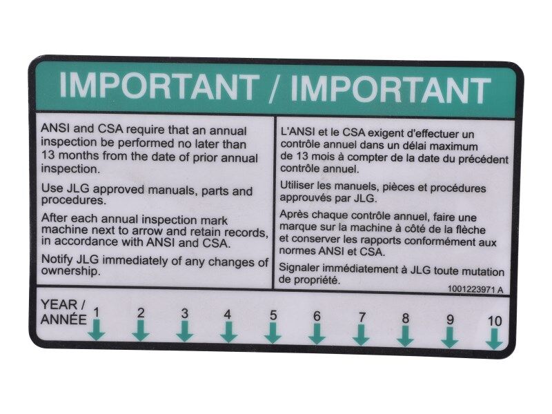 1001223971 Decal, Yearly Insp (Eng/Csa Fre) | JLG