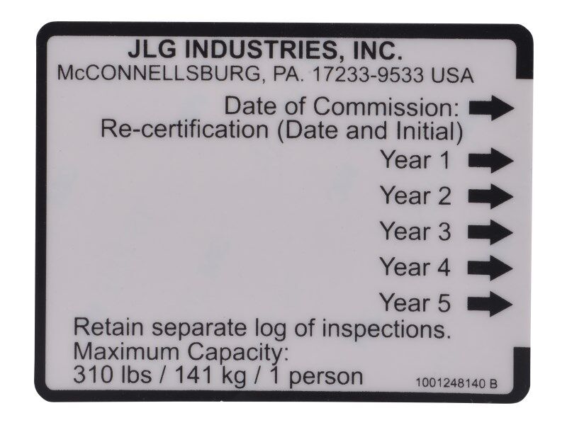 1001248140 Decal, Bolt Fall Arrest Re-Cert | JLG