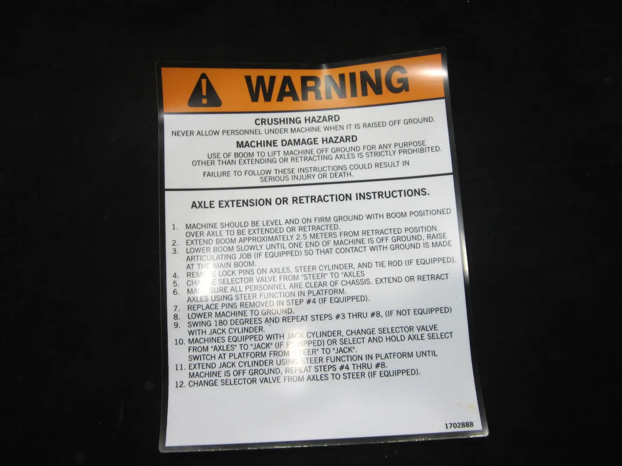 1702888 Decal, Warning (Axle Ext/Ret) | JLG
