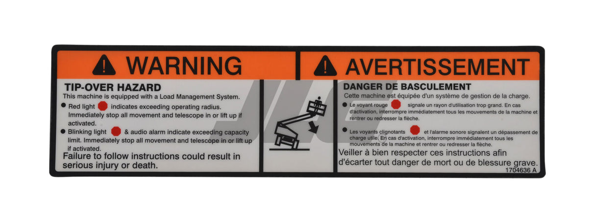 1704636 Decal, Warn Tip-Over (Eng, Fre) | JLG