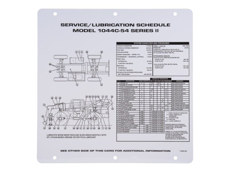 Part Number 1706502 Card, Flip, Service/Lube fits JLG
