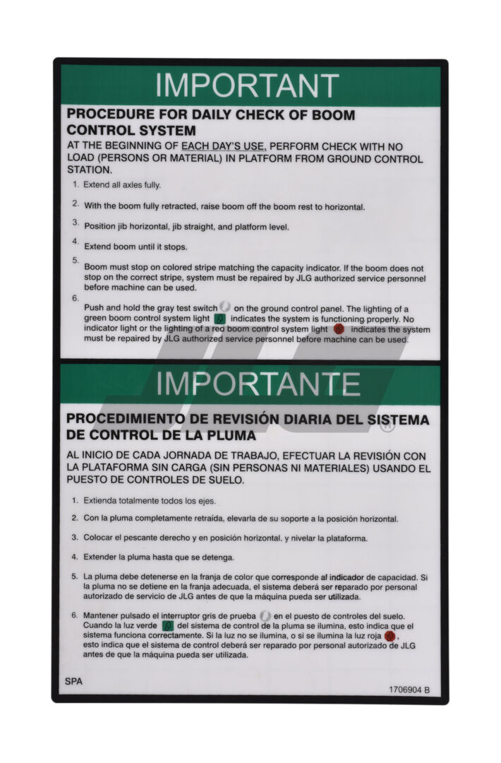 1706904 Decal, Bcs Daily Check (Eng/Sp | JLG