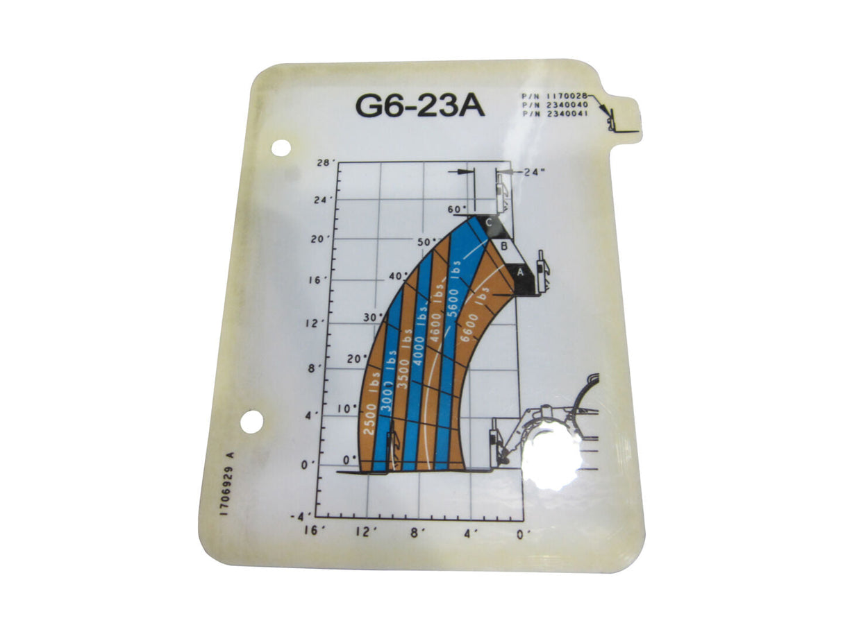 Part Number 1706929 Load Chart, G6-23A Forks fits JLG