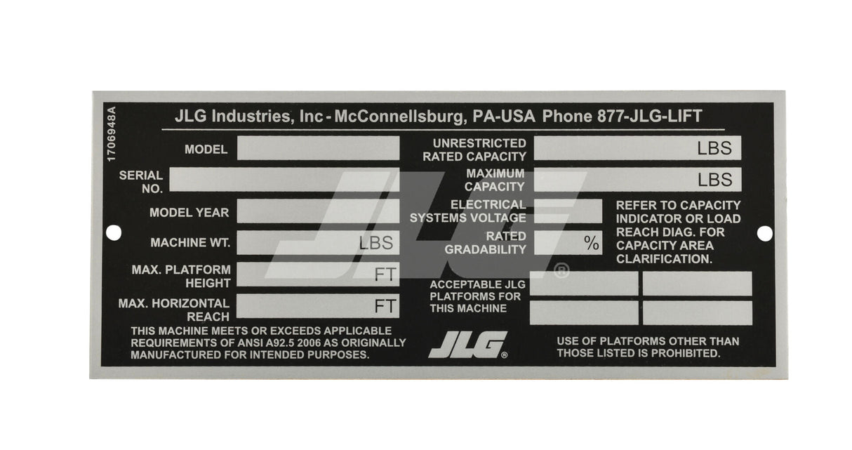 1706948 Nameplate, Manufacturer'S | JLG