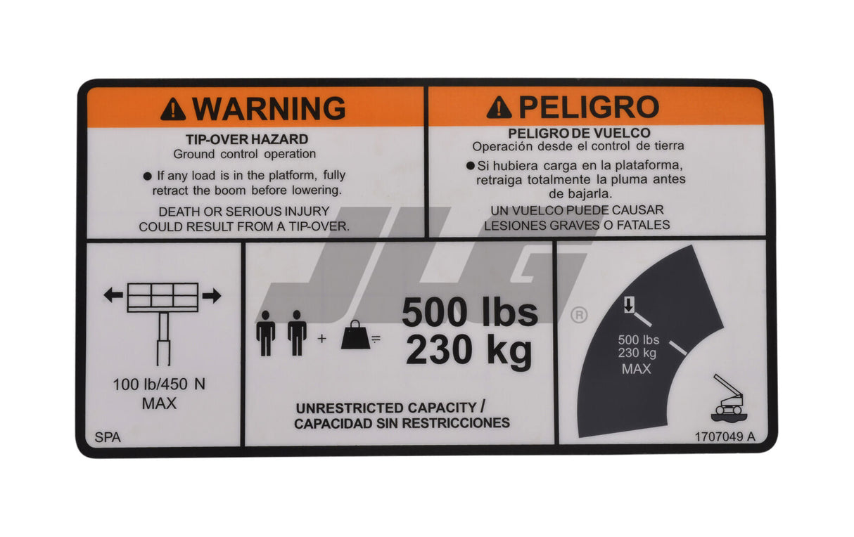 1707049 Decal, 500Lbsmaxcap600SJ (Spa) | JLG