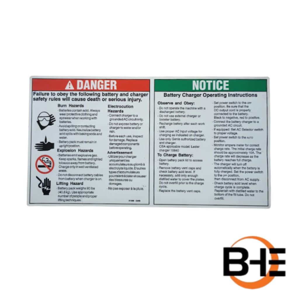 Part Number 31068GT Danger Battery Safety Decal