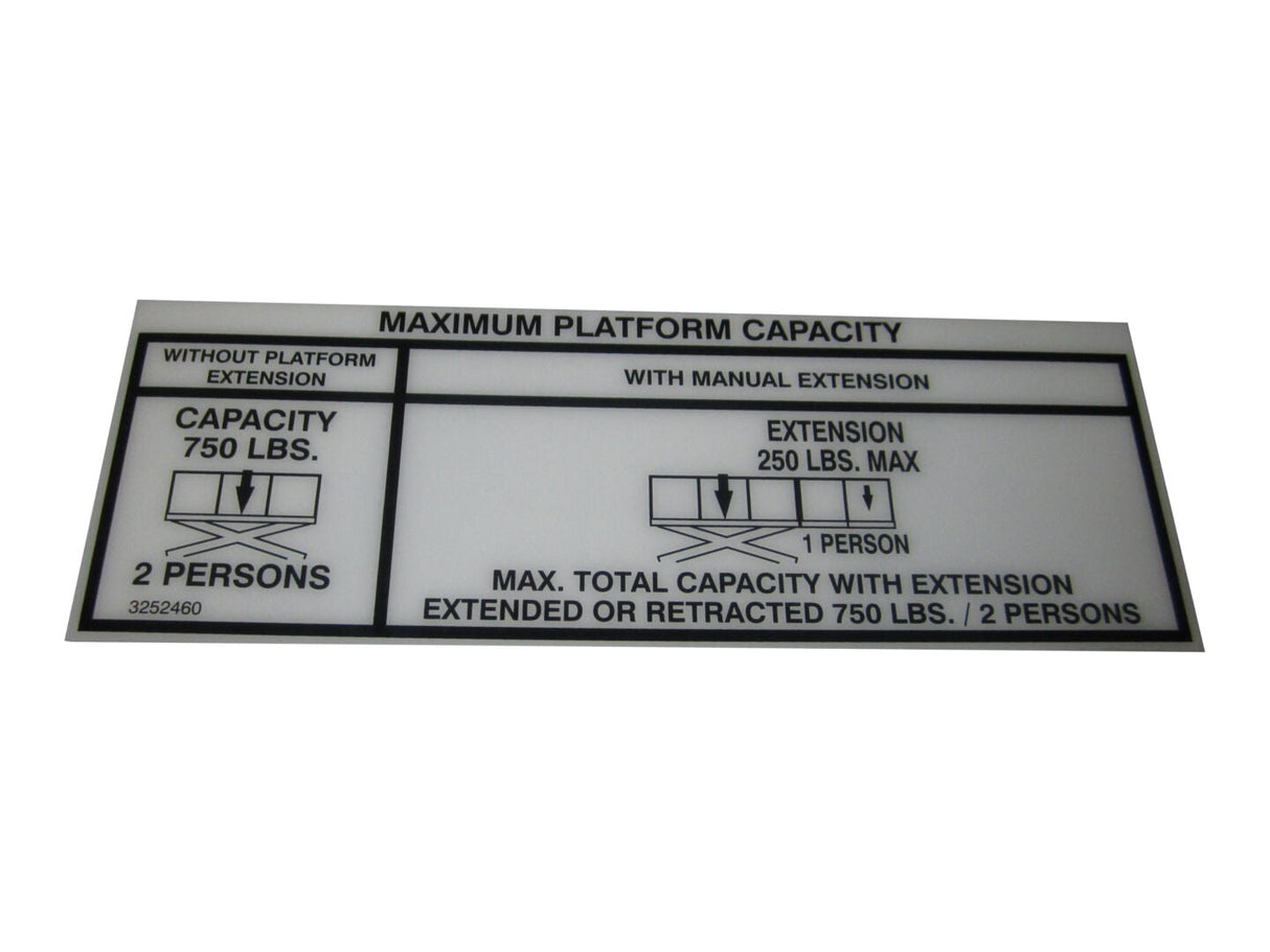 3252460 Nameplate, Cap 750# (Dom/Csa) | JLG