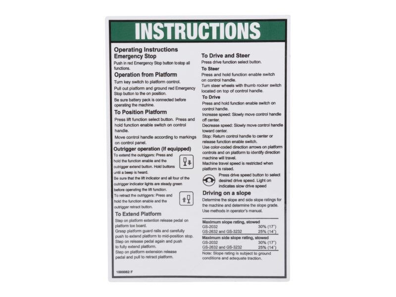 Part Number 70040754 Instruct Op, Gen 5 Gs32 fits JLG