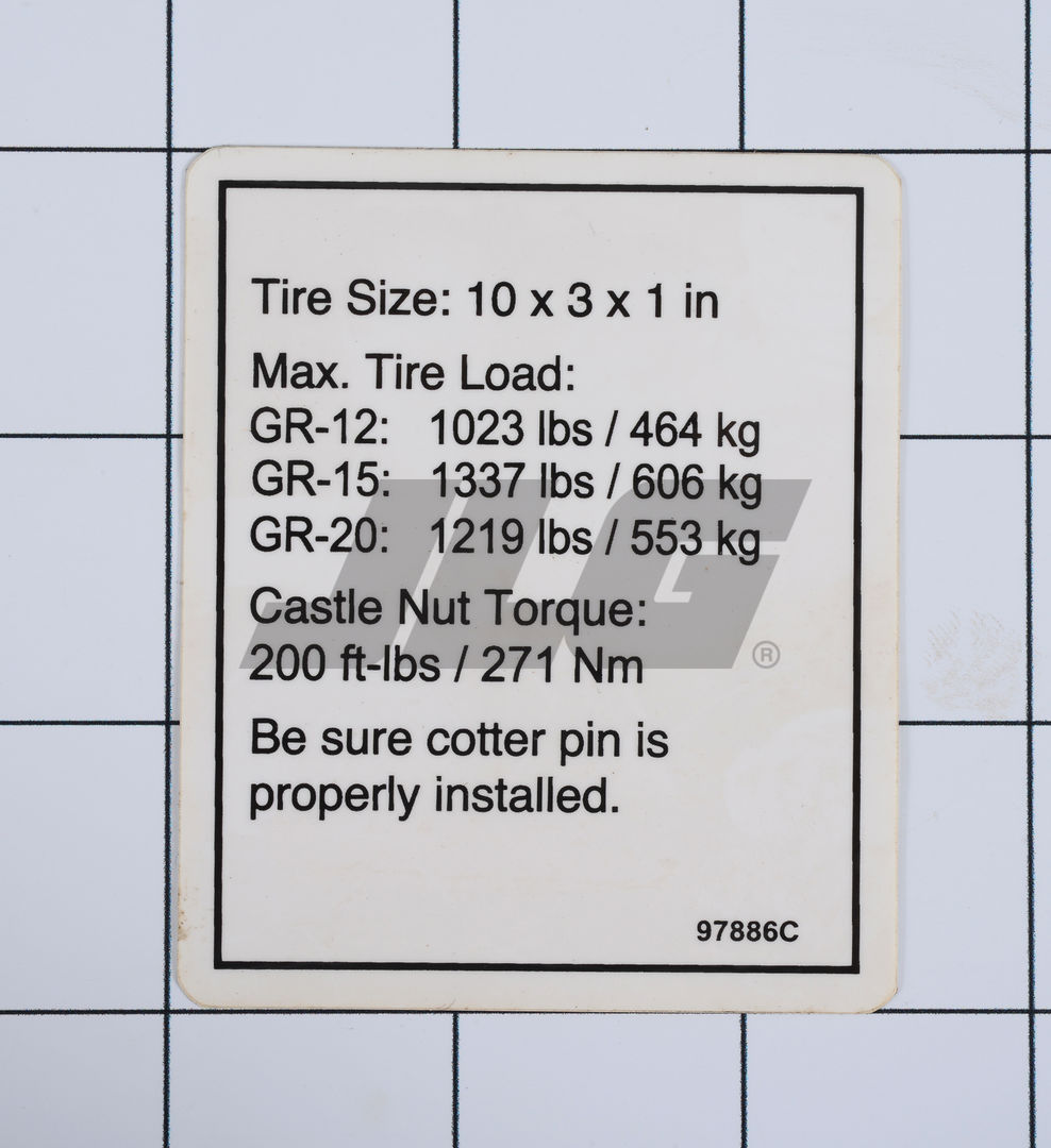 Part Number 70040770 Label, Tire Specs Gr fits JLG