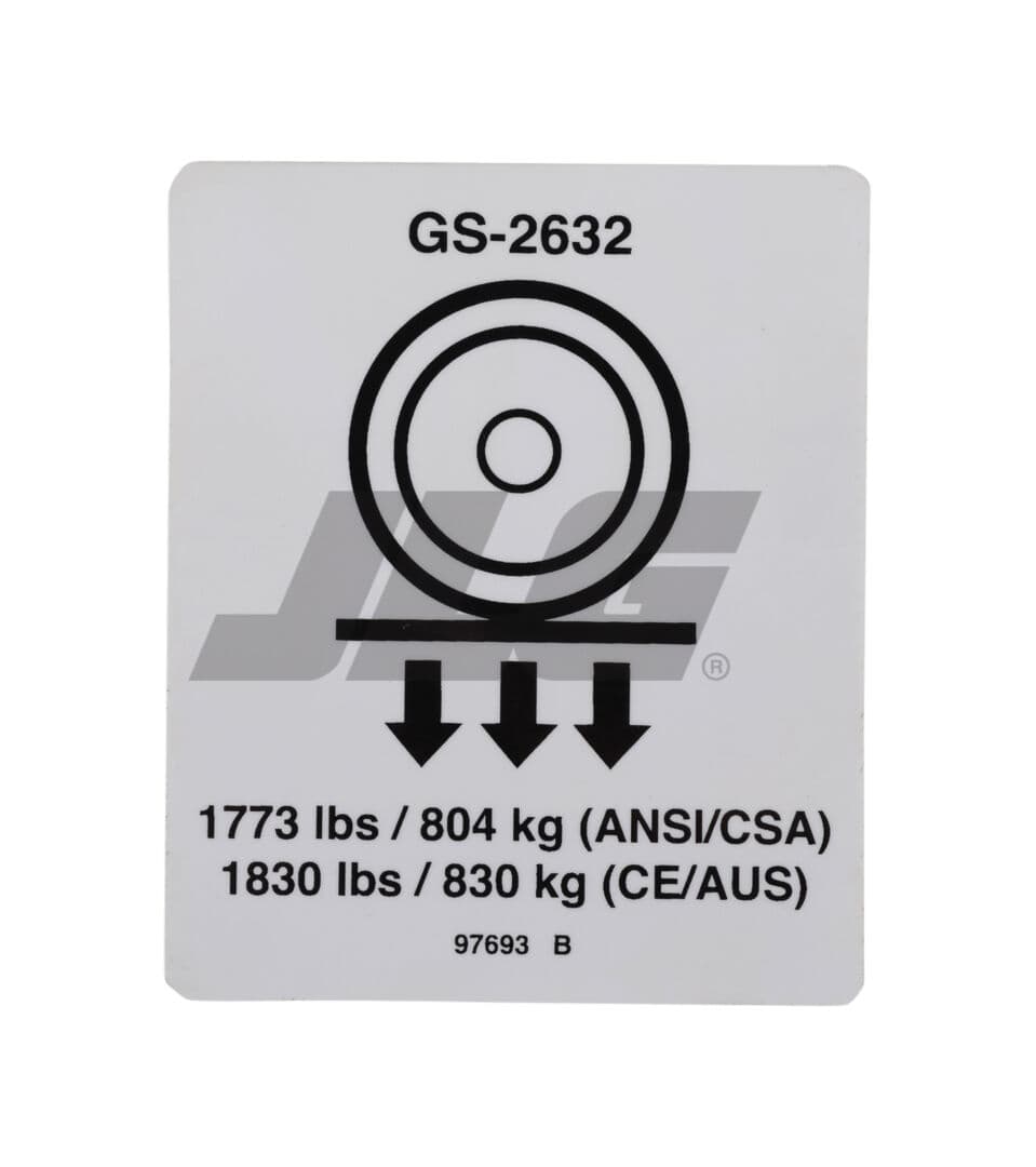 Part Number 70040774 Label, Wheel Load 2632 fits JLG