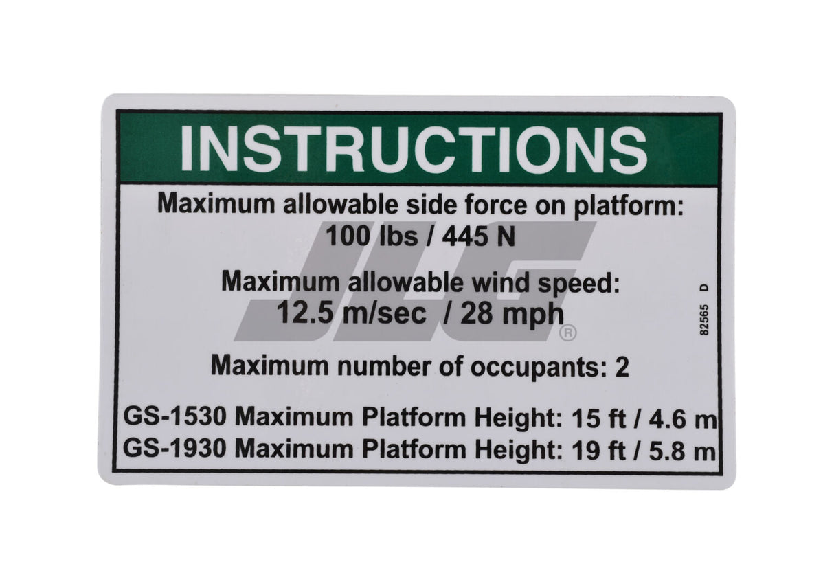 Part Number 70040785 Instruct-Side Frc, Ansi fits JLG