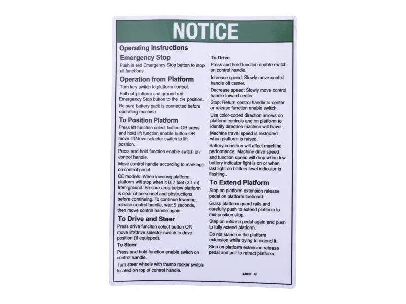 Part Number 70040812 Notice, Operator Instr, Pcp fits JLG