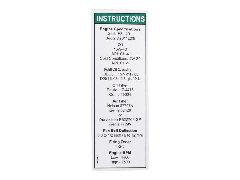 Part Number 70041498 Decal, Engine Spec, Deutz 2011 fits JLG