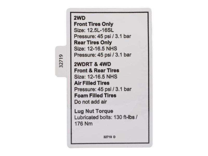 70043890 Decal, Notice, Tire Pressure | JLG