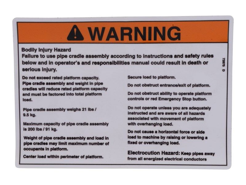 70043900 Decal, Warning, Pipe Cradle | JLG