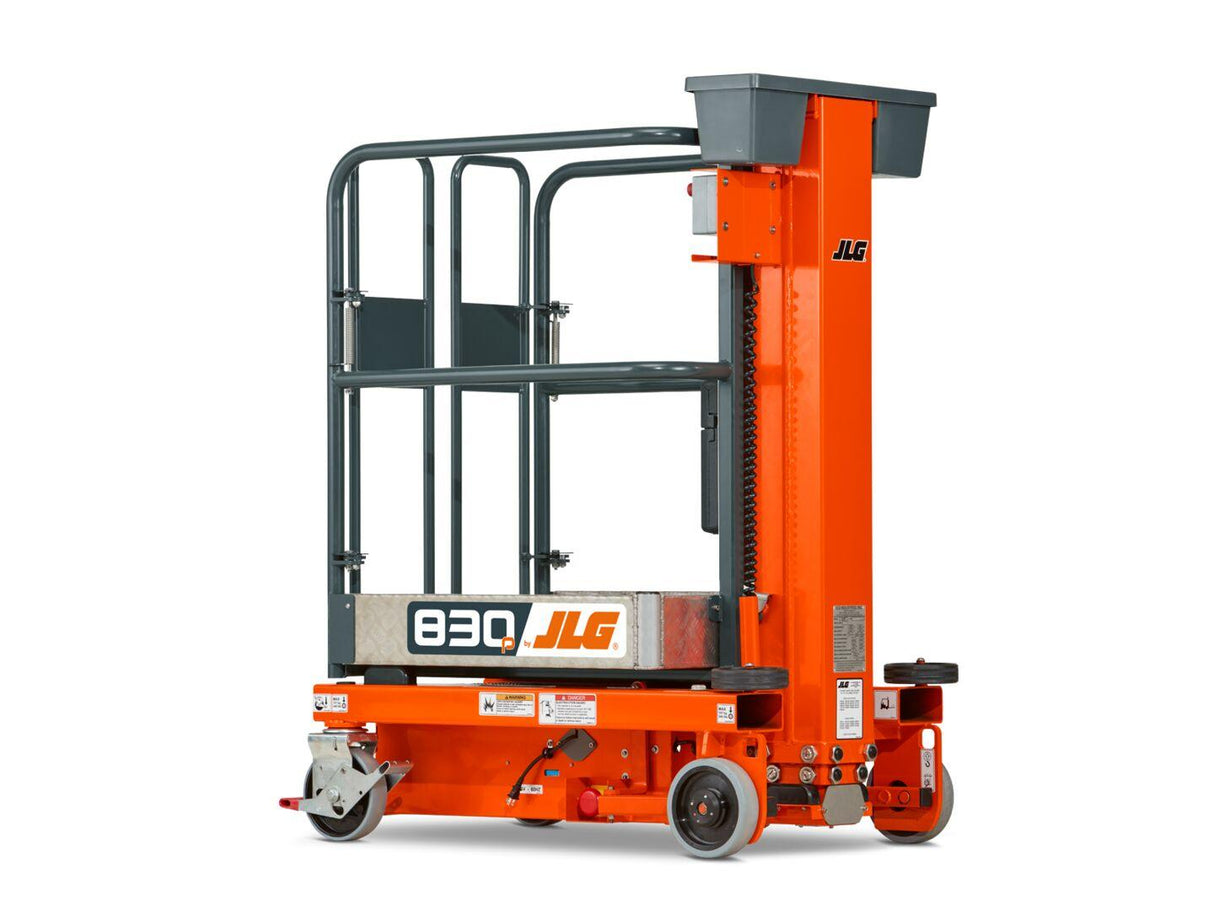 JLG 830P Push Around Lift showcased in front of white background.