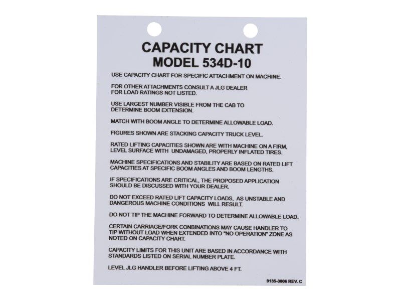 Part Number 91353006 Load Chart fits JLG