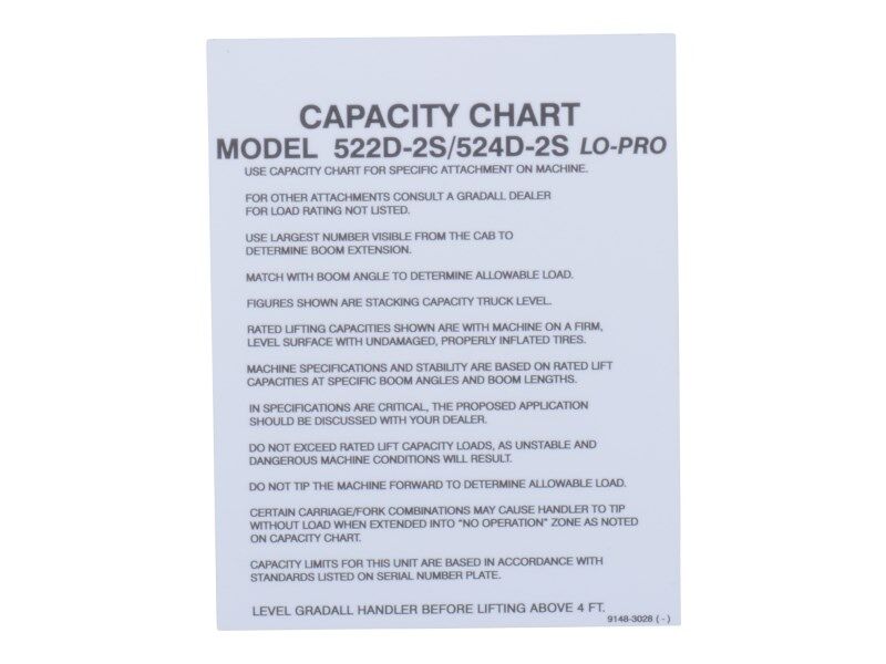 Part Number 91483028 Capacity Chart 2S fits JLG