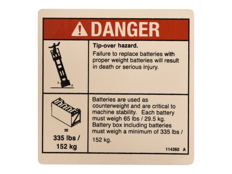 Part Number 114360 Danger-Tip-Over, Batt fits Genie