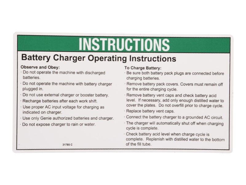 Part Number 31785 Notice, Charger Instruct fits Genie