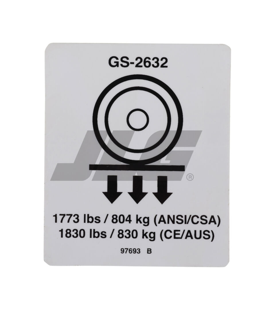 Part Number 97693 Label, Wheel Load 2632 fits Genie