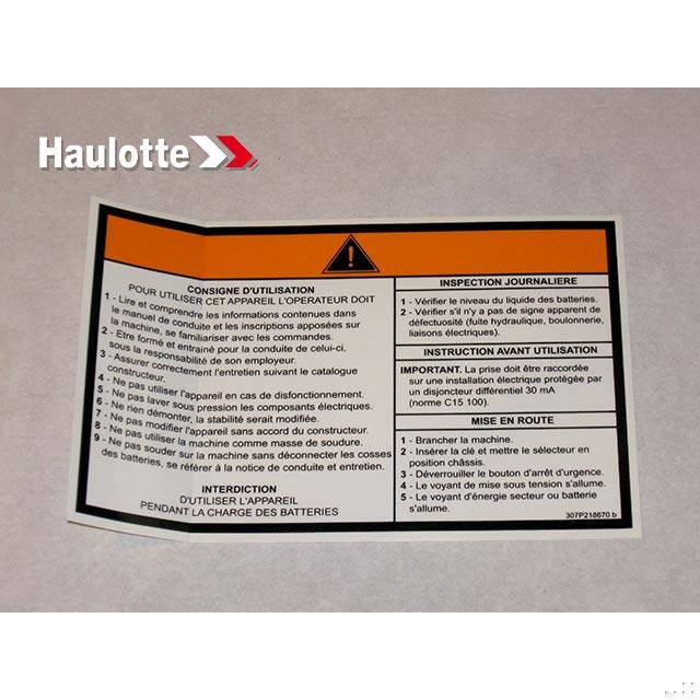 307P218670 Operating Instructions Label | Genuine Haulotte