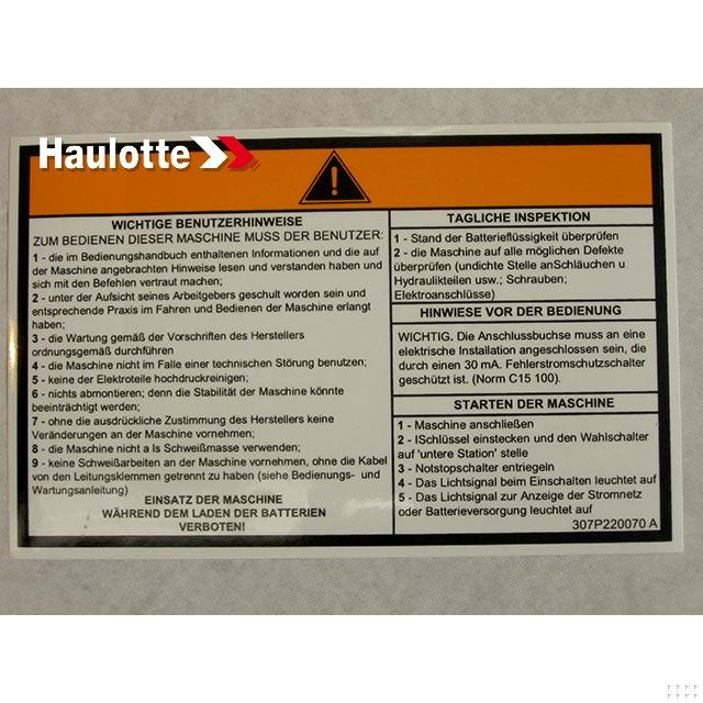 307P220070 Operating Instructions Label | Genuine Haulotte
