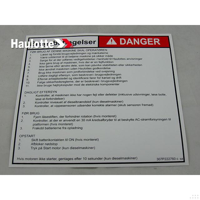307P222760 Operating Instructions Label | Genuine Haulotte
