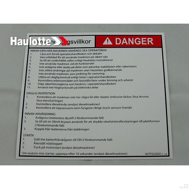 Part Number 307P222820 Operating Instructions Label fits Haulotte