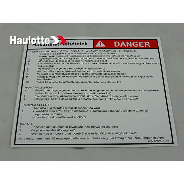 Part Number 4000360890 Instruction Label fits Haulotte