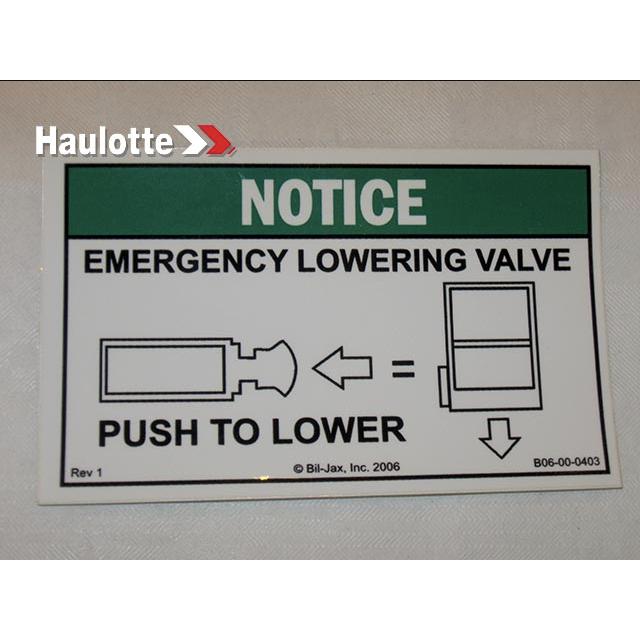 B06-00-0403 Decal-Emergency Lower Valve | Genuine Haulotte
