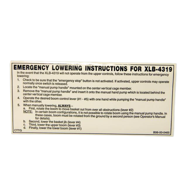 B06-00-0465 Decal-Emer Low Instrs, Blk On | Genuine Haulotte