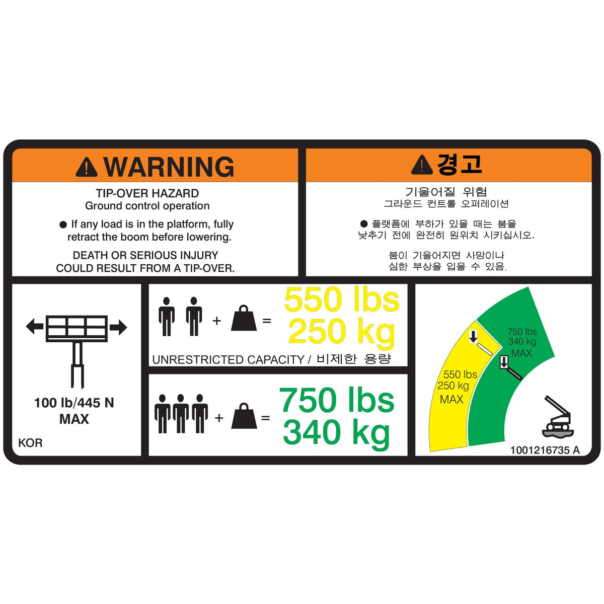JLG 1001216735 Decal, Warning Dual Cap. (Kor) - Genuine JLG Replacement Part | BHE Lift Parts