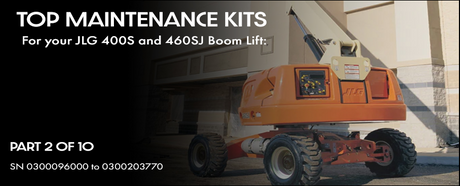 A JLG 400S with the boom extended to work on the roof of a business. 