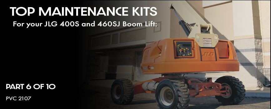 A JLG 400S with the boom extended to work on the roof of a business. 