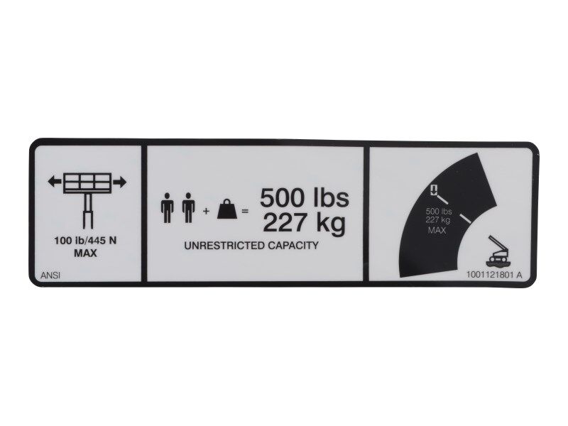 1001121801 Calcomanía, tapa máxima. 500 libras/227 kg | JLG