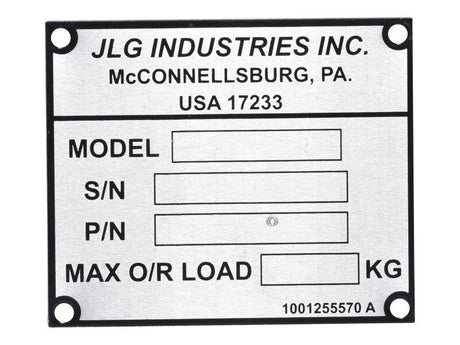 Part Number 1001255570 Sn Plate, Vert Detachable Part fits JLG