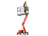 A JLG 1030P extended with a construction worker in the platform.
