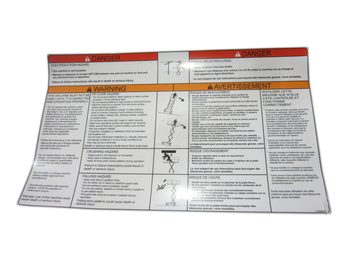 1704684 Calcomanía de peligro/advertencia (inglés/fresco) | JLG