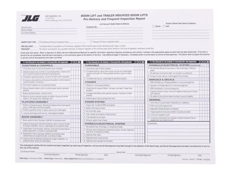 Part Number 3124127 Form, Del/Insp-Boom (100/Pack) fits JLG