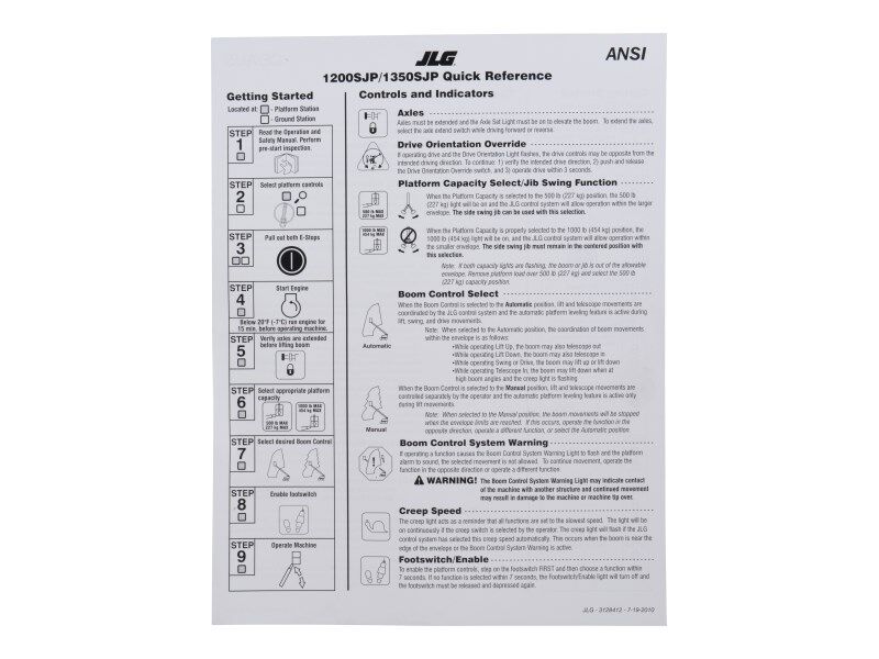 Part Number 3128412 Quick Ref. Guide-1200/1350 fits JLG