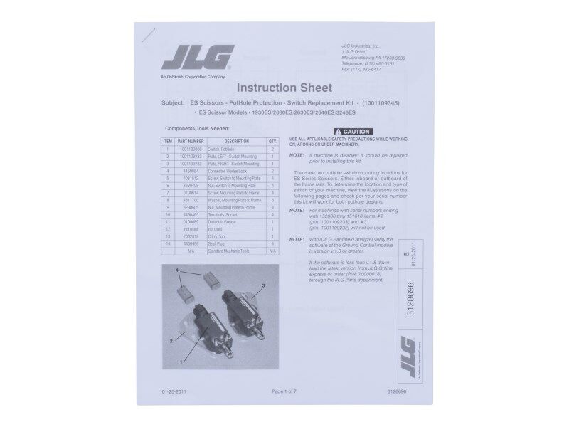 Part Number 3128696 Instr Sht, Pothole Protect Swi fits JLG