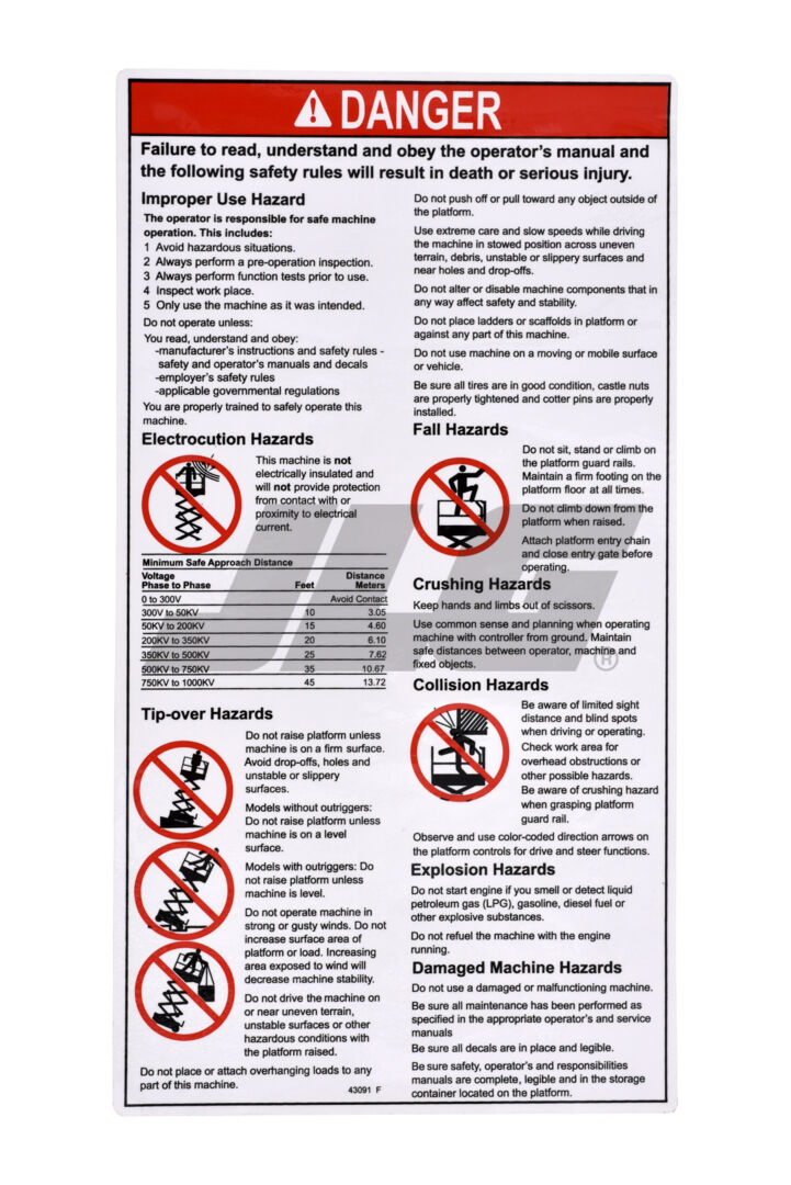 Part Number 70040432 Danger General Safety fits JLG